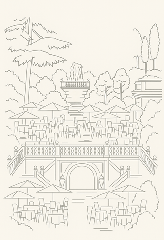 Vertical line art illustration of the Assoluto boutique at Hotel de Russie in Rome, featuring the garden terrace with tables, umbrellas, and a fountain in a refined minimalist style.