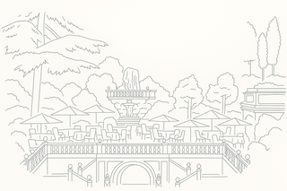Elegant line art illustration of the Assoluto boutique at Hotel de Russie in Rome, featuring the garden terrace and refined outdoor setting.
