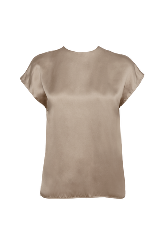 HERTH Cora short-sleeve silk top in Gold Sand, crafted in Italy from organic silk. Available at ASSOLUTO boutique.