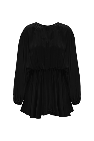 HERTH Ema black silk mini dress, crafted in Italy from GOTS-certified organic silk. Available at ASSOLUTO boutique in Rome.