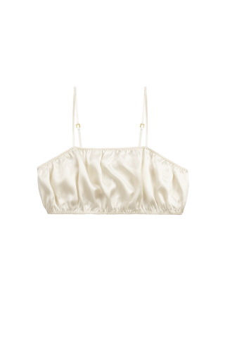 Eve silk bandeau bra top in almond by HERTH – sustainable Italian lingerie crafted from GOTS-certified organic silk.