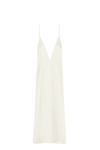 HERTH Inez silk slip dress in Almond, crafted in Italy from GOTS-certified organic silk. Available at ASSOLUTO boutique.