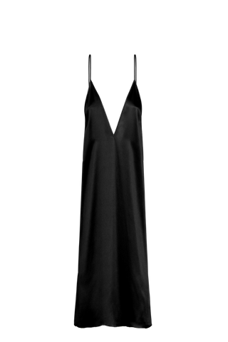 HERTH Inez silk slip dress in Black, crafted in Italy from GOTS-certified organic silk. Available at ASSOLUTO boutique.