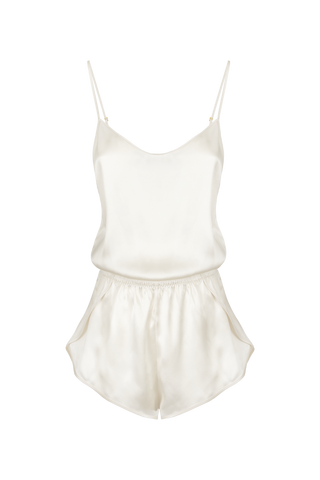HERTH Janis short silk romper bodysuit in Almond, crafted in Italy from GOTS-certified organic silk. Available at ASSOLUTO boutique.