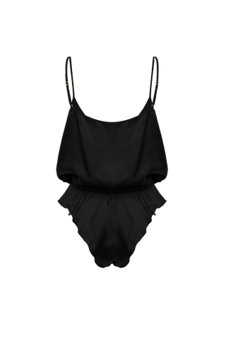 Back view of HERTH Nyx bodysuit in black organic silk — sustainable Italian womenswear with timeless elegance available at Assoluto Boutique.