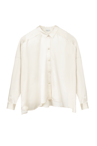HERTH Tara silk shirt in Almond, crafted in Italy from GOTS-certified organic silk. Available at ASSOLUTO boutique.