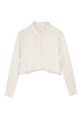 HERTH cropped silk shirt in Almond, crafted in Italy from GOTS-certified organic silk. Available at ASSOLUTO boutique.